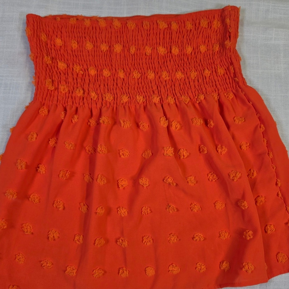 Orange Smocked Clip Dot Pom Pom Strapless Tube Top Boho Crop Top 0415